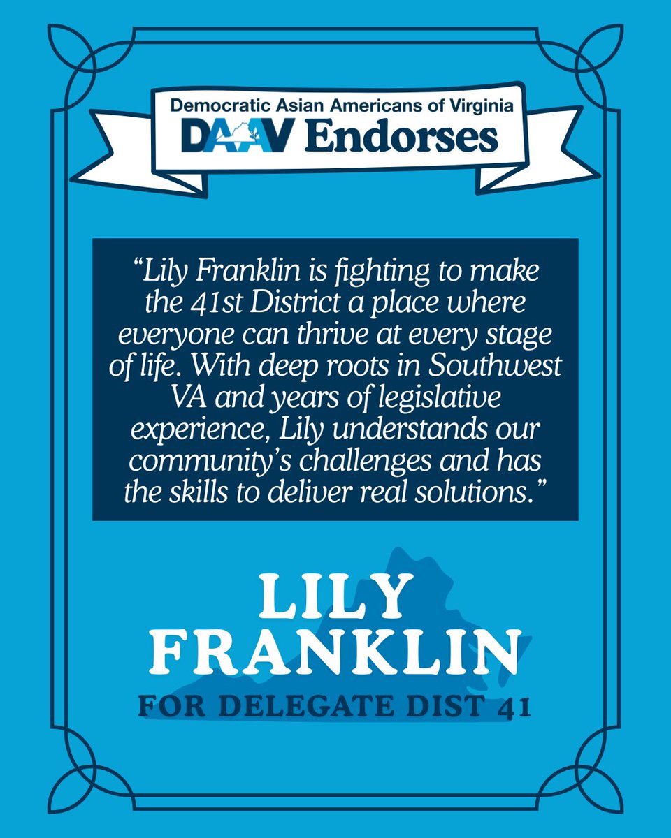 Virginia Asian Dems (@daav9) on Twitter photo DAAV proudly endorses <a href="/LilyForDelegate/">Lily Franklin</a>!
Support & volunteer for Lily at lilyfordelegate.com DAAV proudly endorses <a href="/LilyForDelegate/">Lily Franklin</a>!
Support & volunteer for Lily at lilyfordelegate.com
