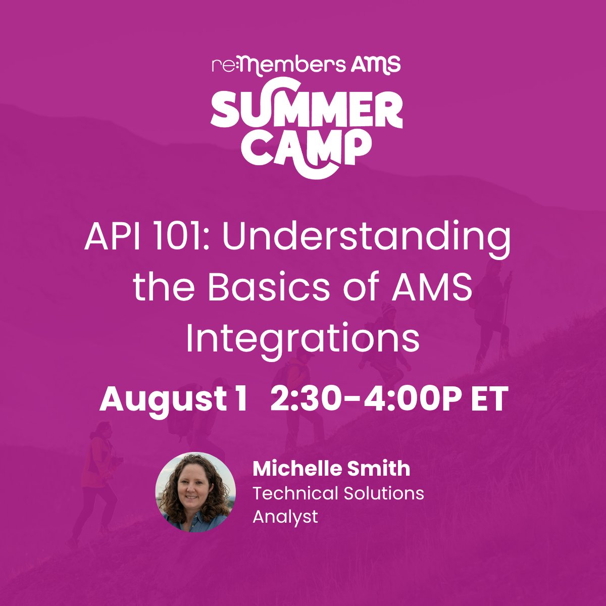 Final session of AMS Summer Camp! 🏁
API 101 w/ Michelle Smith
🕝 2:30–4:00 PM ET

🌐 What an API is &amp; how it works
🌐 Use cases: SSO, syncs, event reg
🌐 Authentication basics
🌐 When to use APIs (vs. reports)

Login: loom.ly/igAB5Zs
#assntech #AMS #reMembersAMS