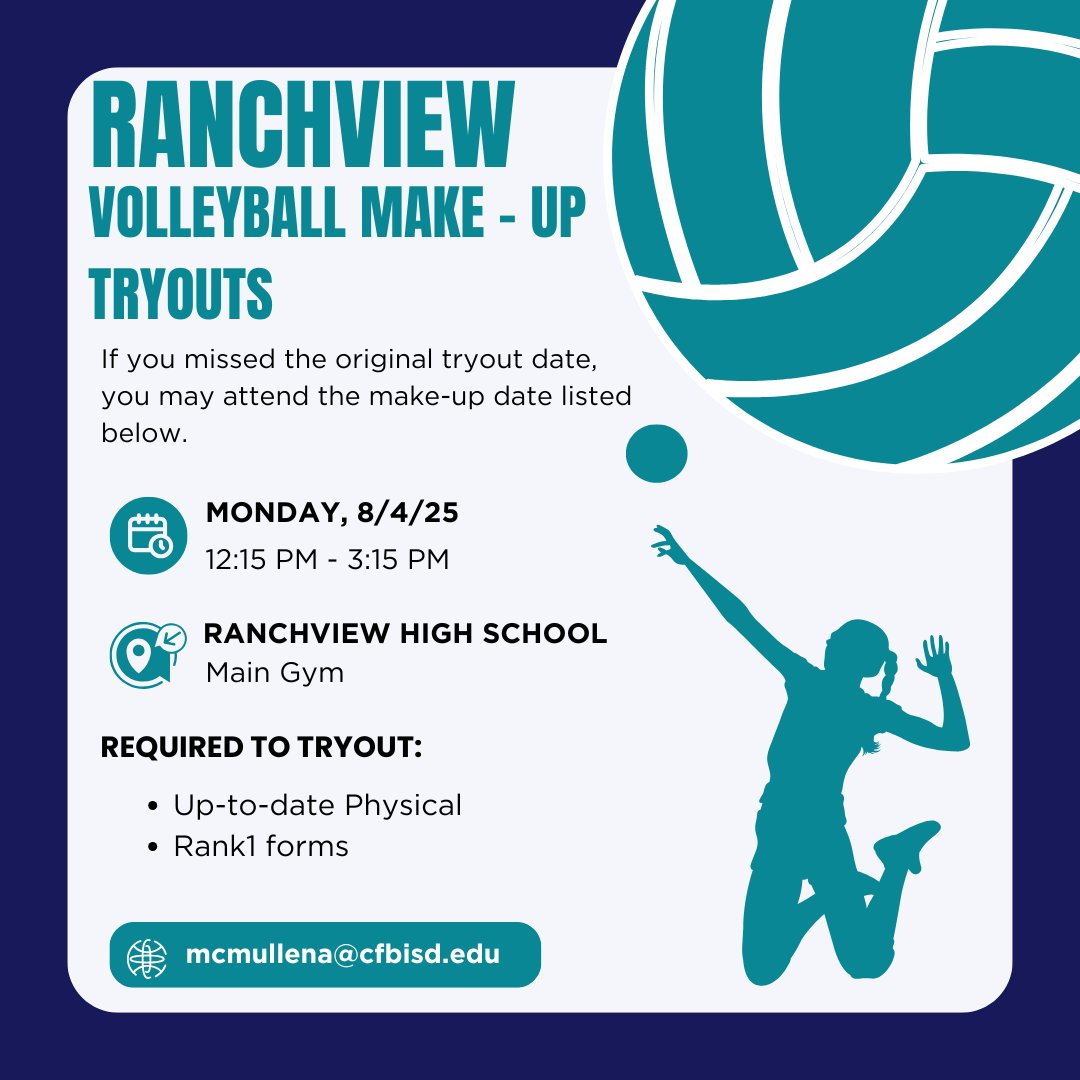 RHSLadyWolvesVBall (@rhsladywolvesvb) on Twitter photo Missed tryouts?!
Come out and see us ready to play on Monday!
<a href="/RanchviewWolves/">Ranchview High School</a> <a href="/rhsladywolvesvb/">RHSLadyWolvesVBall</a> <a href="/CFBISD/">Carrollton-Farmers Branch ISD</a> <a href="/CFBathletics/">CFB Athletics</a> <a href="/PutterRenee/">Renee Putter</a> <a href="/RamirezCoach/">Michael Ramirez</a> Missed tryouts?!
Come out and see us ready to play on Monday!
<a href="/RanchviewWolves/">Ranchview High School</a> <a href="/rhsladywolvesvb/">RHSLadyWolvesVBall</a> <a href="/CFBISD/">Carrollton-Farmers Branch ISD</a> <a href="/CFBathletics/">CFB Athletics</a> <a href="/PutterRenee/">Renee Putter</a> <a href="/RamirezCoach/">Michael Ramirez</a>