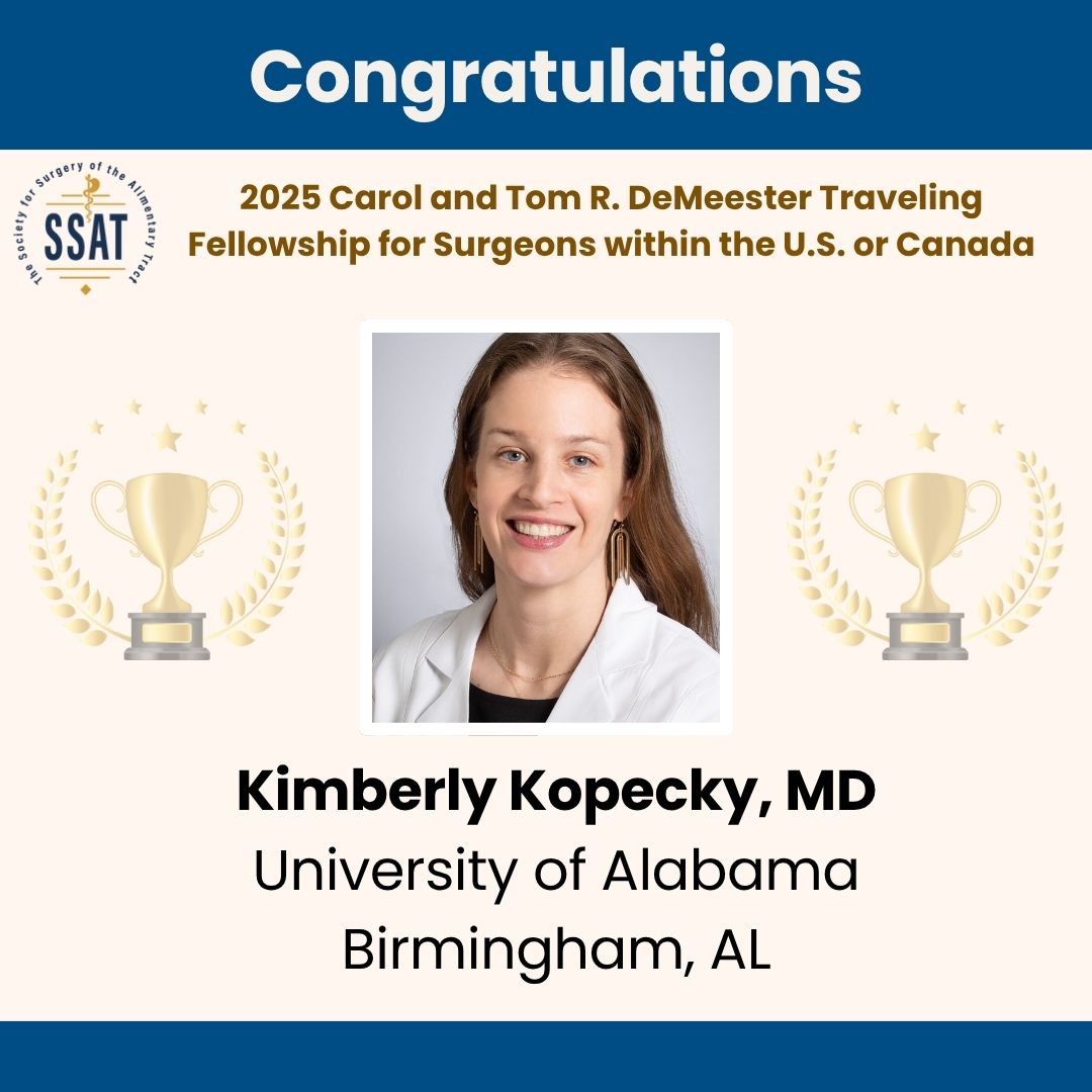 SSAT (@ssatnews) on Twitter photo Congratulations to Dr. Kimberly Kopecky, the 2025 recipient of the Carol and Tom R. DeMeester Traveling Fellowship for Surgeons within the U.S. or Canada! <a href="/UABSurgery/">UAB Surgery</a>
<a href="/kekopeckMD/">Kimberly Kopecky</a> will continue advancing surgical excellence through this prestigious SSAT award. Congratulations to Dr. Kimberly Kopecky, the 2025 recipient of the Carol and Tom R. DeMeester Traveling Fellowship for Surgeons within the U.S. or Canada! <a href="/UABSurgery/">UAB Surgery</a>
<a href="/kekopeckMD/">Kimberly Kopecky</a> will continue advancing surgical excellence through this prestigious SSAT award.