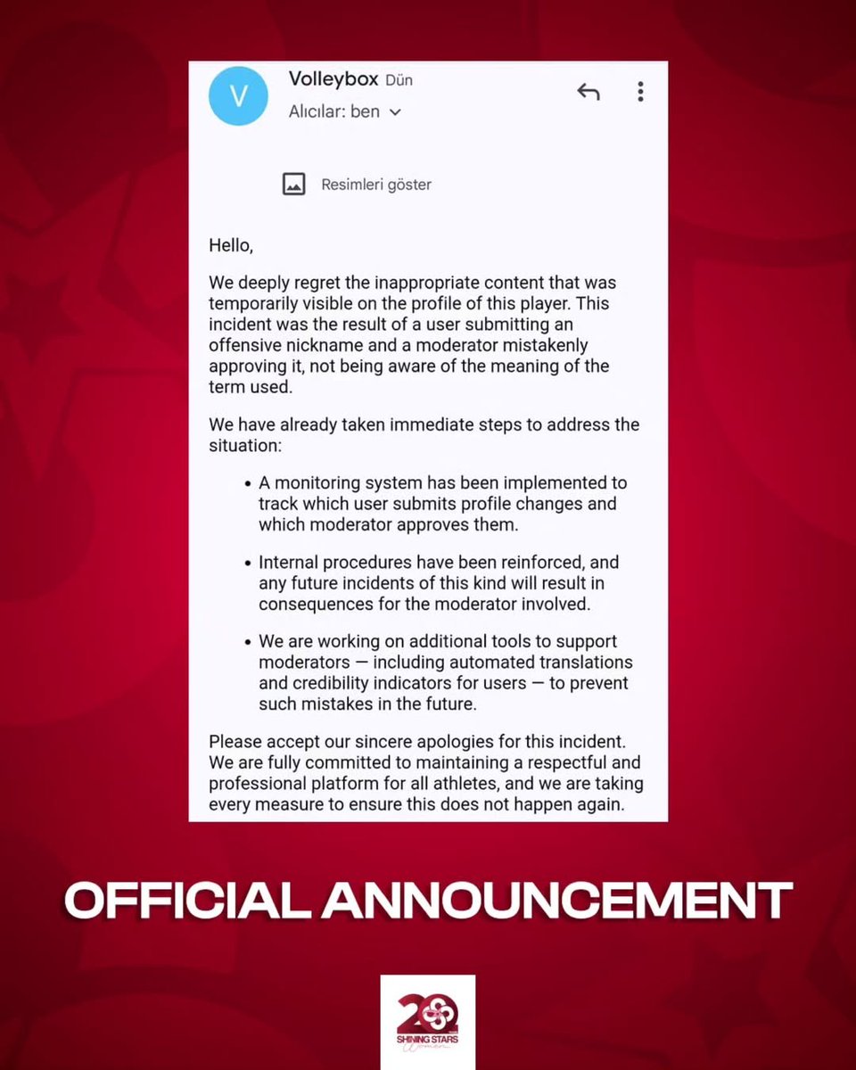 "Sporcumuz Tuğba Şenoğlu'nun Volleybox sitesindeki profiline yapılan ahlaksız saldırıdan dolayı Volleybox sitesi tarafından özür dilenmiştir. Konu adli mercilere iletilmiş olup, sonuçları kamuoyu ile paylaşılacaktır."

🗞️ Shining Stars Menajerlik Ajansı