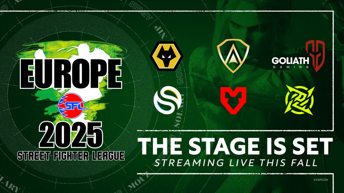 Capcom Fighters (@capcomfighters) on Twitter photo A new season begins.
#SFLEU returns this fall, and the competition is heating up with these teams ready to make their mark. 🔥
<a href="/WolvesEsports/">Wolves Esports</a>
<a href="/Team_Aegis_/">AEGIS</a>
<a href="/GoliathGamingZA/">Goliath Gaming</a>
<a href="/SolaryTV/">Solary</a>
<a href="/mousesports/">MOUZ</a>
<a href="/NIP/">Ninjas In Pyjamas</a>
Get ready for the action this fall. A new season begins.
#SFLEU returns this fall, and the competition is heating up with these teams ready to make their mark. 🔥
<a href="/WolvesEsports/">Wolves Esports</a>
<a href="/Team_Aegis_/">AEGIS</a>
<a href="/GoliathGamingZA/">Goliath Gaming</a>
<a href="/SolaryTV/">Solary</a>
<a href="/mousesports/">MOUZ</a>
<a href="/NIP/">Ninjas In Pyjamas</a>
Get ready for the action this fall.