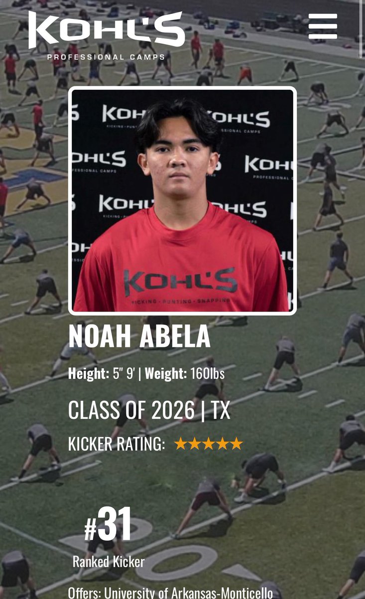 Blessed to have been ranked as a 5⭐️ kicker by <a href="/KohlsKicking/">Kohl's Kicking Camps</a>!