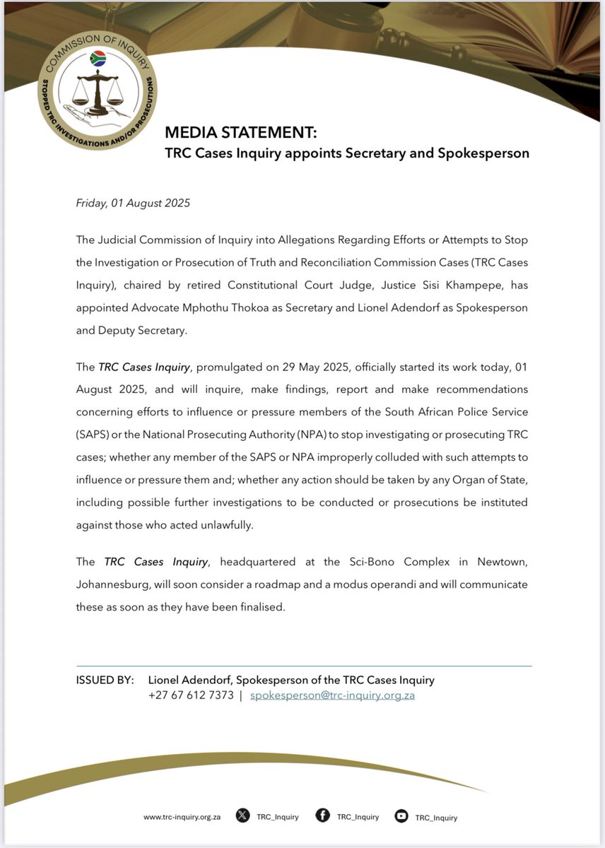 The #TRCCasesInquiry, chaired by retired #ConCourt Judge, Sisi Khampepe, is in operation and will soon consider a roadmap and a modus operandi and will communicate these as soon as they have been finalised. #TRCinquiry