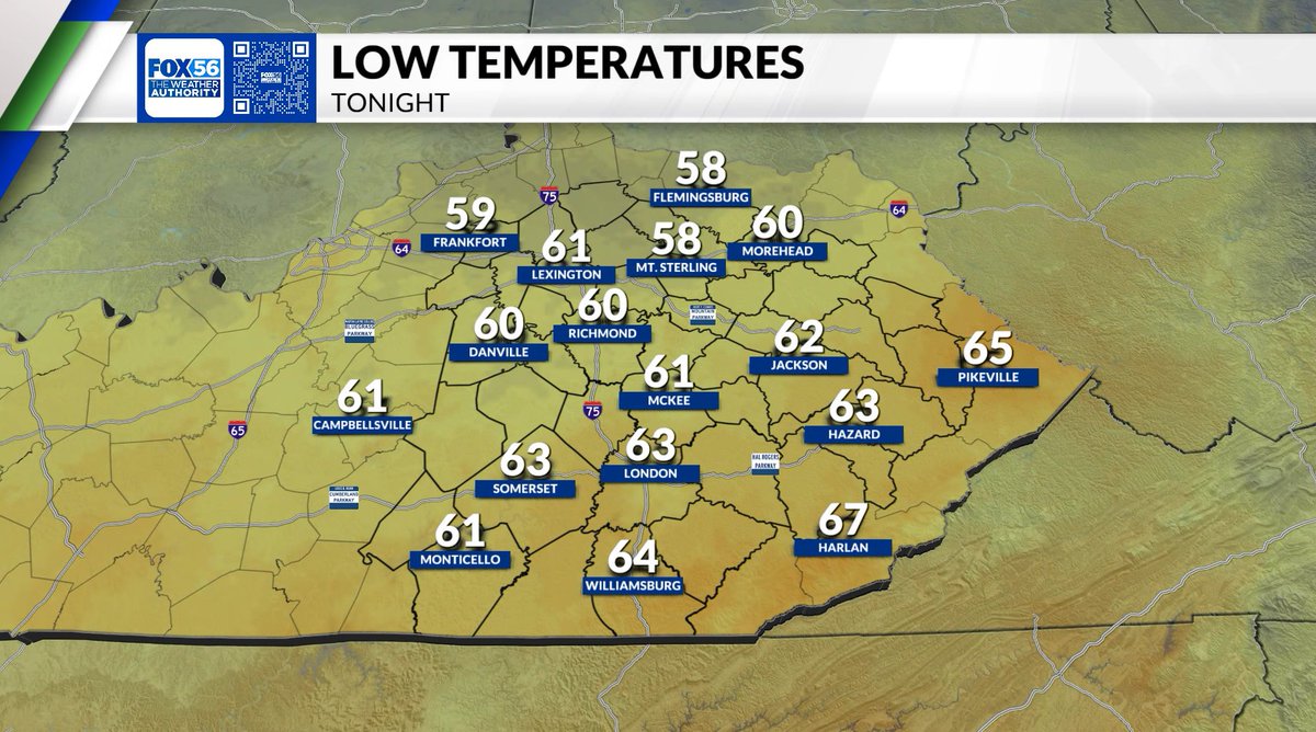 Chris Johnson FOX 56 Weather (@cjwxguy56) on Twitter photo A cool night ahead for portions of central and eastern Kentucky as lows fall into the 50s and low 60s. A little taste of fall ahead for the first weekend of August! #kywx A cool night ahead for portions of central and eastern Kentucky as lows fall into the 50s and low 60s. A little taste of fall ahead for the first weekend of August! #kywx