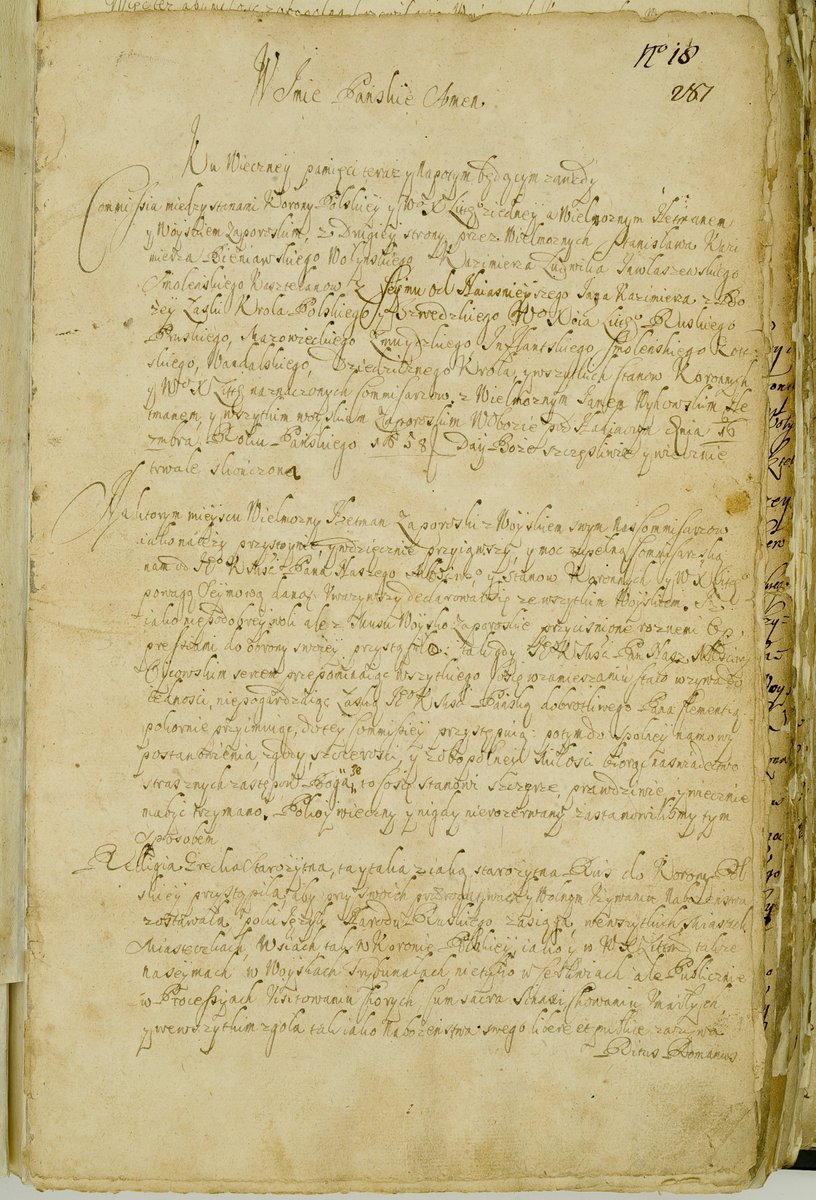 HistDyplomacji's tweet image. „W imie panskie, amen! Ku wieczney pamięci teraz y na potym będącym zawzdy (…)”. Tak zaczynał się tekst Unii Hadziackiej, podpisanej 16 IX 1658.
Podniosły moment w historii relacji polsko-ukraińskich. Umowa, która stawiała naród ruski i jego elity na równi z dwoma pozostałymi…