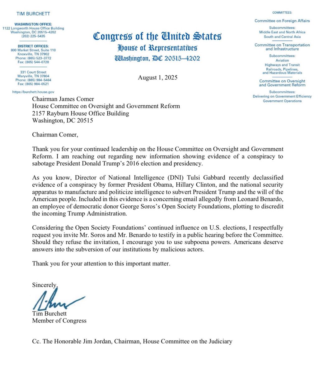 Congressman Tim Burchett officially demands a subpoena of George Soros due to his role in a conspiracy to sabotage Trump's 2016 election via the Russia Hoax.

Thank you, <a href="/timburchett/">Tim Burchett</a>! Time the people get answers!
