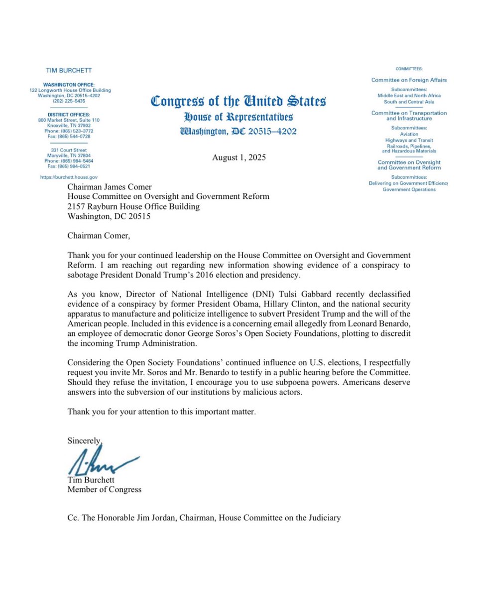 🚨 BREAKING: Rep. Tim Burchett is turning up the heat — officially urging Chairman Comer to subpoena George Soros and Leonard Benardo over their alleged role in funding the Steele Dossier and pushing the Russia hoax.

No more hiding behind NGOs. No more media cover-ups. The