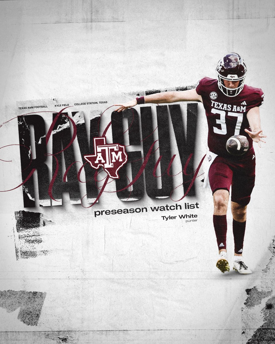 Texas A&M Football (@aggiefootball) on Twitter photo 🦵 <a href="/tylerwhite2023/">Tyler D White</a> ➡️ Ray Guy Award Watch List
Honoring the Nation’s Best Collegiate Punter.
#GigEm | <a href="/RayGuyAward/">Ray Guy Award</a> 🦵 <a href="/tylerwhite2023/">Tyler D White</a> ➡️ Ray Guy Award Watch List
Honoring the Nation’s Best Collegiate Punter.
#GigEm | <a href="/RayGuyAward/">Ray Guy Award</a>