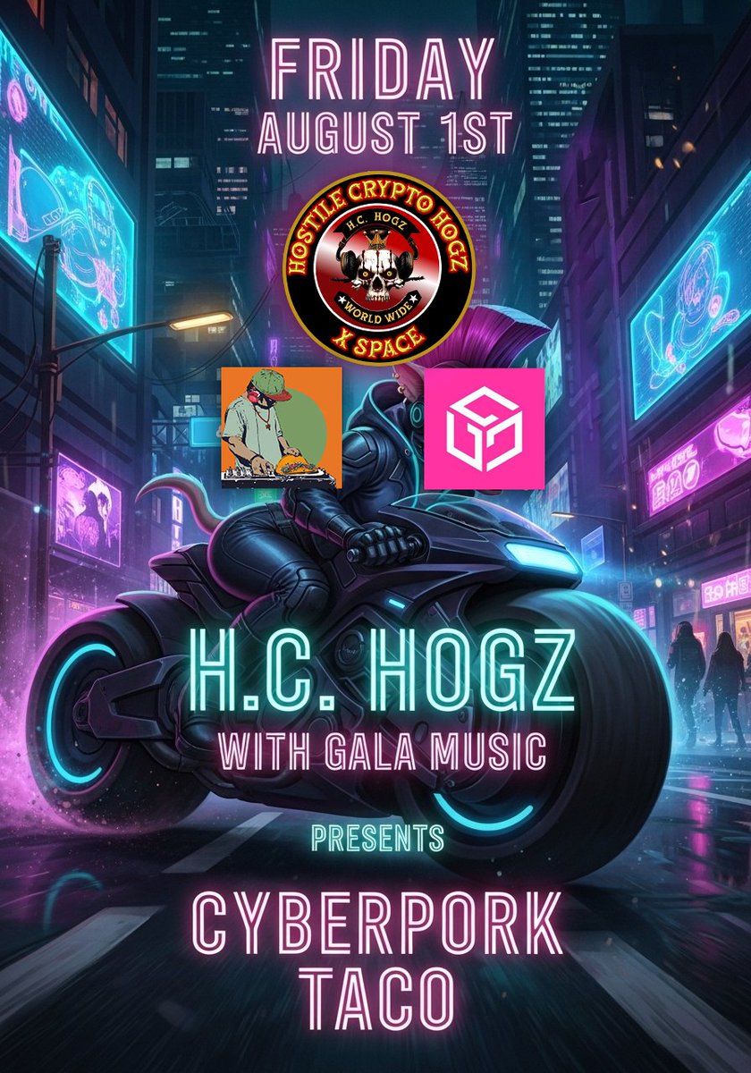 RocketshipIsFueled (@rocketisfueled) on Twitter photo 🚨 TONIGHT at 3PM EST 🚨
<a href="/HC_Hogz/">Hostile Crypto Hogz 🐗</a> Megaspace drops "Cyborpork Taco" by <a href="/other_taco/">Taco</a> on <a href="/GoGalaMusic/">Gala Music</a> 🐷🌮
Cop the track and score a Hog + a Taco Trike 🤯🔥
Don't sleep. This is not your average pork fiesta.
x.com/i/spaces/1LyGB…
#CyborporkTaco #MegaspaceMadness 🛸🎶 🚨 TONIGHT at 3PM EST 🚨
<a href="/HC_Hogz/">Hostile Crypto Hogz 🐗</a> Megaspace drops "Cyborpork Taco" by <a href="/other_taco/">Taco</a> on <a href="/GoGalaMusic/">Gala Music</a> 🐷🌮
Cop the track and score a Hog + a Taco Trike 🤯🔥
Don't sleep. This is not your average pork fiesta.
x.com/i/spaces/1LyGB…
#CyborporkTaco #MegaspaceMadness 🛸🎶