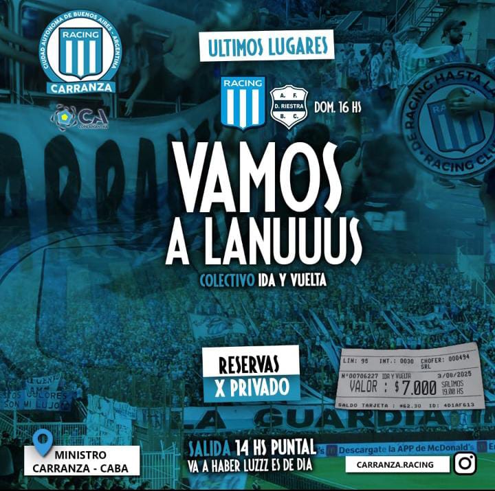 Te llevamos a Lanus

#Racing vs riestra #CopaArgentina

Salida desde Palermo (Caba) 

Ida y vuelta 7000.

Solo con reserva