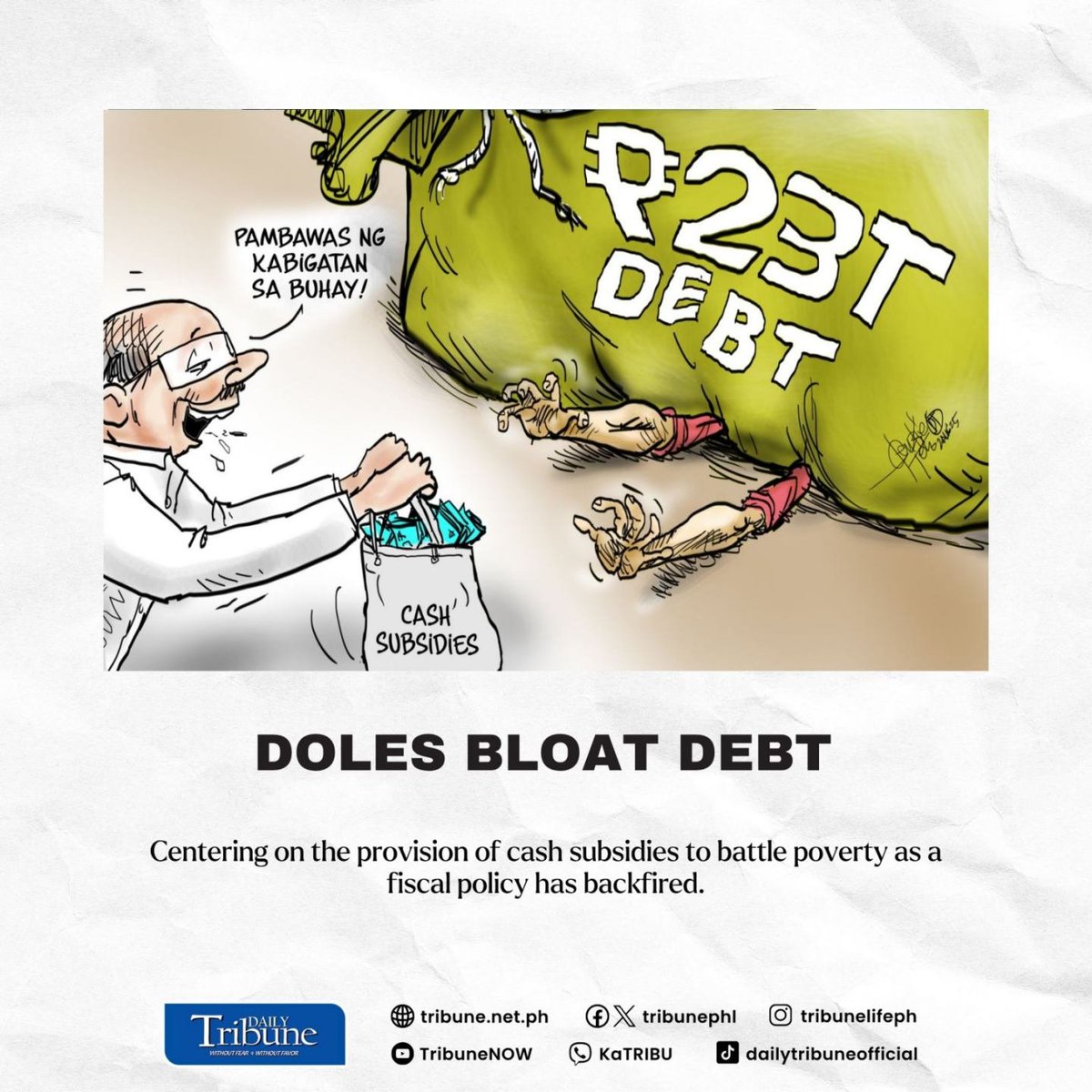 tribunephl's tweet image. The debt problem is a potential constraint on the economy attaining its full potential — which is achieved through factors that depend, in a way, on efficient budget allocations.

Read more: tribune.net.ph/2025/08/01/dol…

#DailyTribune #dailytribune25 #nationaldebt #Doleout