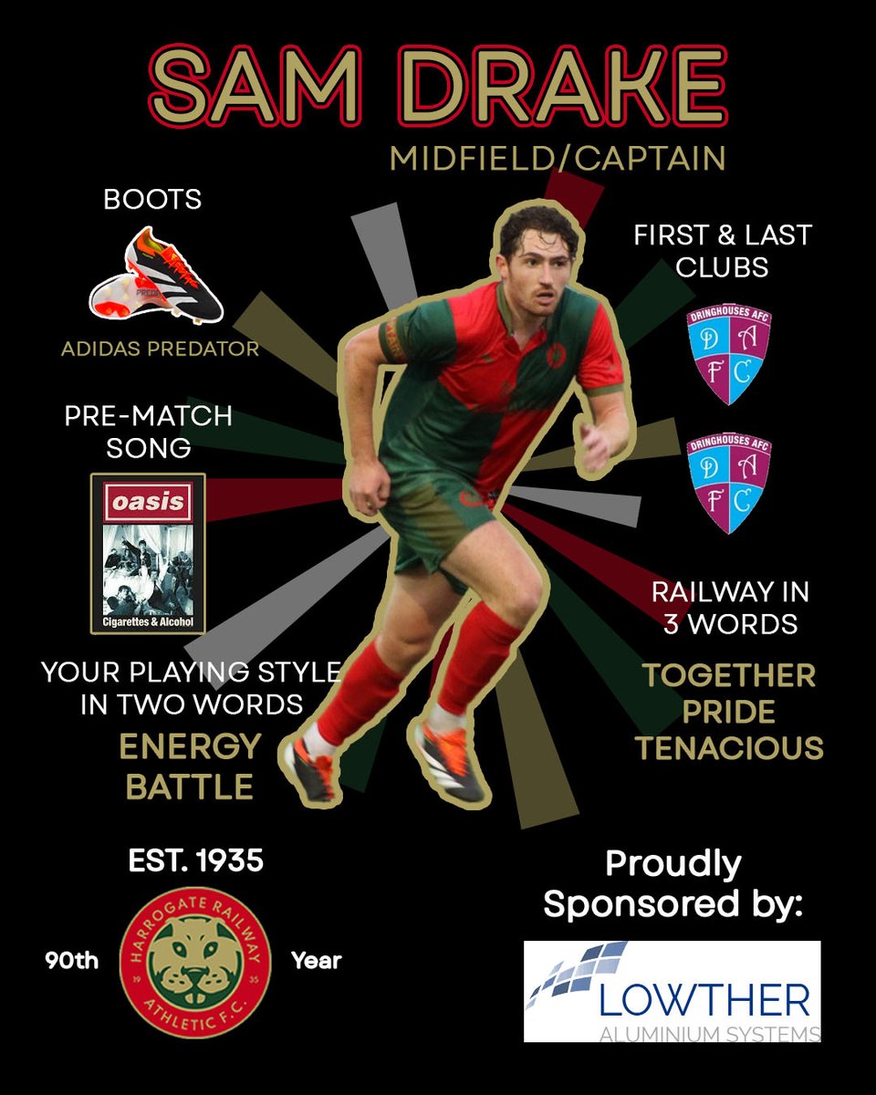 THERAILFC's tweet photo. There's loads of new players to introduce, but we'll start our Player Profile series with our Captain @Sam_Drake19 🔴🚂🟢
Sam is kindly sponsored for the season by Lowther Aluminium Systems 👏 https://t.co/br1Tmx88n2 https://t.co/5NSkhaGQ8F