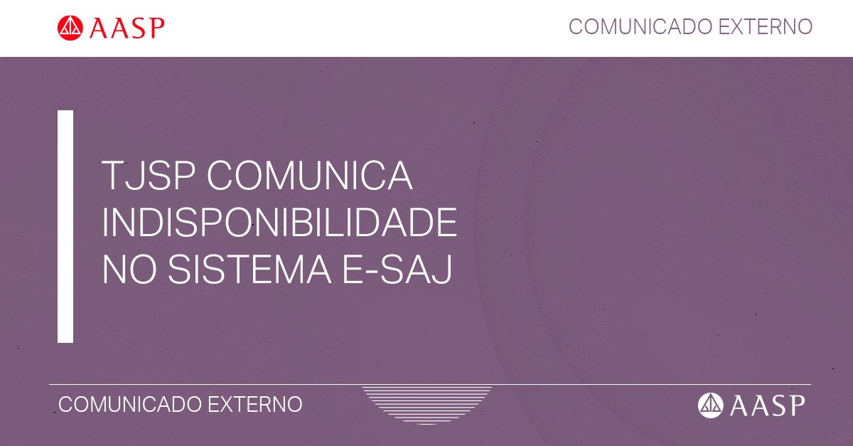 aasp_online's tweet image. O TJSP informa, por meio de nota divulgada em seu site, que o sistema e-SAJ ficará inoperante nos dias 2 e 3 de agosto, retornando seu funcionamento após as 6h da segunda-feira. 

Confira a nota clicando aqui: mla.bs/192c5851

#aasp #aquiéadvocacia #tjsp #e-SAJ