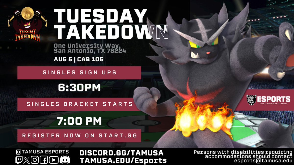 TAMUSA Esports (@tamusaesports) on Twitter photo TUESDAY TAKEDOWN IS COMING
📍NEXT WEEK | August 5
⌛️6:00 PM | Player Registration
🕖7:00 PM | Showtime
🗺️CAB 105 | <a href="/TAMUSanAntonio/">Texas A&M University-San Antonio</a>
REGISTER NOW --> tiny.cc/ajmq001 TUESDAY TAKEDOWN IS COMING
📍NEXT WEEK | August 5
⌛️6:00 PM | Player Registration
🕖7:00 PM | Showtime
🗺️CAB 105 | <a href="/TAMUSanAntonio/">Texas A&M University-San Antonio</a>
REGISTER NOW --> tiny.cc/ajmq001