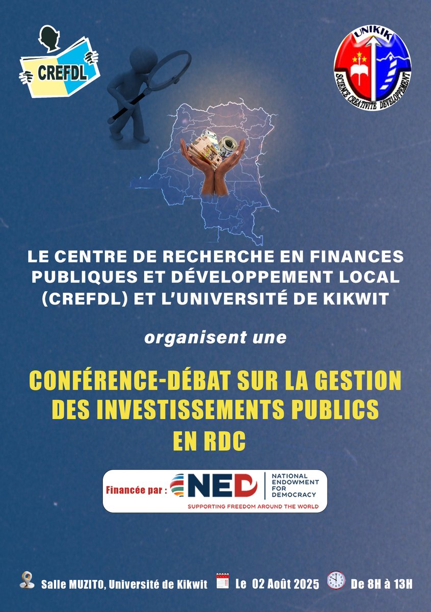 Crefdl Asbl (@crefdl) on Twitter photo 📢#RDC : Ce samedi 02 Août 2025 <a href="/crefdl/">Crefdl Asbl</a> sera à #Kikwit dans la province du Kwilu pour une Conférence-Débat sur la gestion des investissements publics en République Démocratique du Congo.
Cette activité s'inscrit dans le cadre de la Campagne #MonArgentMaResponsabilité
#CAMPAGNE 📢#RDC : Ce samedi 02 Août 2025 <a href="/crefdl/">Crefdl Asbl</a> sera à #Kikwit dans la province du Kwilu pour une Conférence-Débat sur la gestion des investissements publics en République Démocratique du Congo.
Cette activité s'inscrit dans le cadre de la Campagne #MonArgentMaResponsabilité
#CAMPAGNE