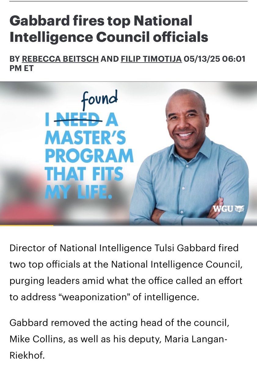 Laura Loomer (@lauraloomer) on Twitter photo NEW:
The growing rift between <a href="/DNIGabbard/">DNI Tulsi Gabbard</a> and <a href="/CIADirector/">CIA Director John Ratcliffe</a> John Ratcliffe just got bigger.
In April, I exposed Michael Collins for leaking at the National Intelligence Council.
Source: x.com/lauraloomer/stโฆ
In May, <a href="/TulsiGabbard/">Tulsi Gabbard ๐บ</a> FIRED Michael Collins, who was the acting NEW:
The growing rift between <a href="/DNIGabbard/">DNI Tulsi Gabbard</a> and <a href="/CIADirector/">CIA Director John Ratcliffe</a> John Ratcliffe just got bigger.
In April, I exposed Michael Collins for leaking at the National Intelligence Council.
Source: x.com/lauraloomer/stโฆ
In May, <a href="/TulsiGabbard/">Tulsi Gabbard ๐บ</a> FIRED Michael Collins, who was the acting