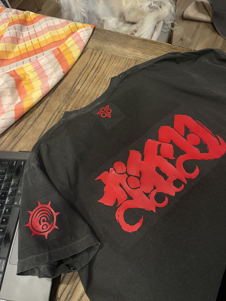 ashltorres's tweet photo. still thinking about this #GACHIAKUTA wall at AX so i made it a shirt! 

tried fabric spray paint for the first time and it was v difficult… but still looks kinda cool! so i did another with vinyl of the design with a cleaners symbol sleeve &amp; watchman series symbol on the neck https://t.co/md0iTPKtH3