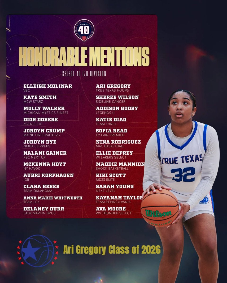 Grateful to receive honorable mention in the Select 40 finals! Thank you for the recognition. 

<a href="/SelectEventsBB/">Select Events Basketball</a> 
<a href="/sachsegbb/">Sachse Girls Basketball</a> 
<a href="/TrueTexasHoops/">True Texas Hoops | Power 24 Circuit</a>