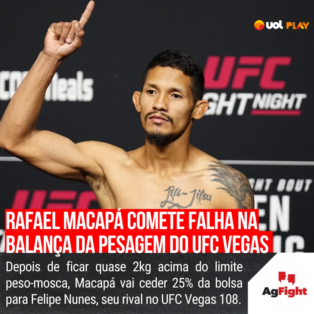 AgFight's tweet image. FALHA NA BALANÇA!

O brasileiro Rafael Macapá excedeu o limite de sua categoria de peso na pesagem oficial do UFC Vegas 108 nesta sexta-feira. Apesar disso, o duelo entre Macapá e Felipe Bunes segue no card do evento deste sábado #UFCVegas108 #RafaelMacapá #FelipeBunes #Pesagem