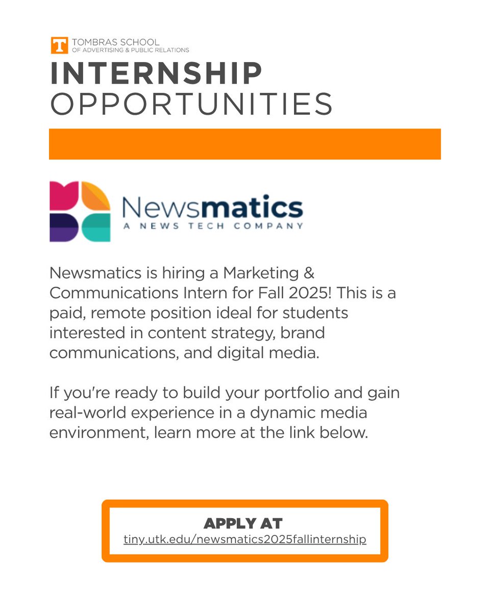 Seeking a Fall Internship?

Newsmatics is hiring a Marketing &amp; Communications Intern for Fall 2025! This is a paid, remote position ideal for students interested in content strategy, brand communications, and digital media. 

Learn more and apply here: tiny.utk.edu/newsmatics2025…