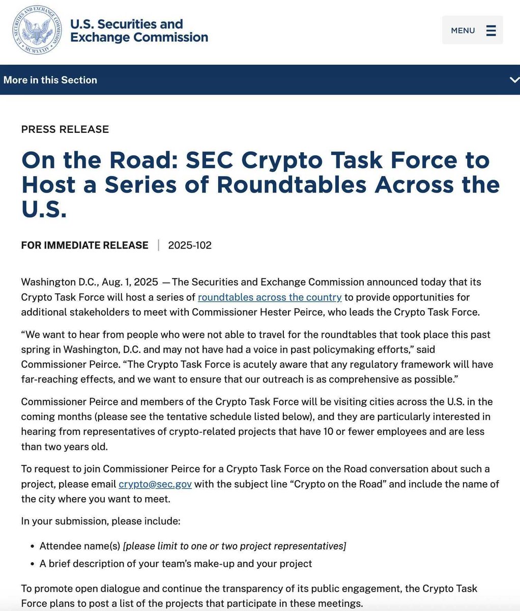 RTB_io's tweet image. NEWS: The SEC’s Crypto Task Force is hitting the road. Commissioner Hester Peirce will host roundtables across the US to hear directly from small crypto projects.

#SEC #Crypto #CryptoTaskForce