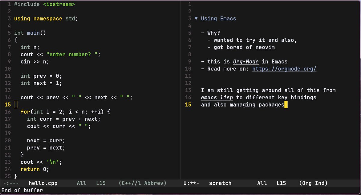 coding_theself's tweet image. today, I tried the Ultimate Dev IDE: GNU Emacs

spent quite a long time to configure to look good and workable for me.

finding and pasting emacs lisp into init.el

Liked the Org-Mode, it can become my quick note-taking solution while coding
#emacs #DeveloperTools
