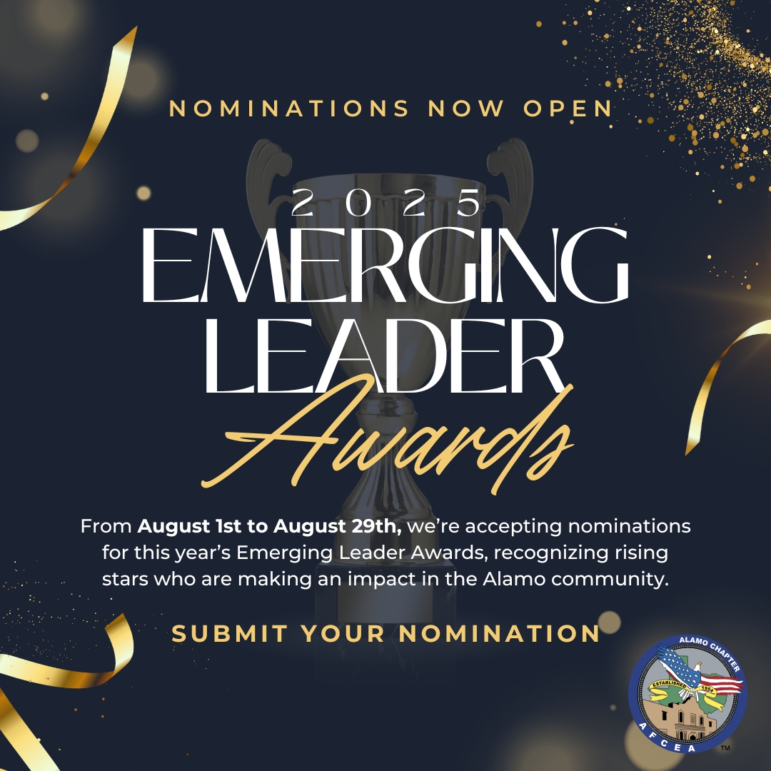Nominations are OPEN!
From now until Aug 29, nominate rising stars for the Emerging Leader Awards:

🏅 Distinguished Young Professional
🌟 Emerging Leadership
🏆 Emerging Leader Chapter of the Year

Nomination Form: app.smartsheet.com/b/form/cf2890d…
Awards Webpage: alamoafcea.org/page/awards