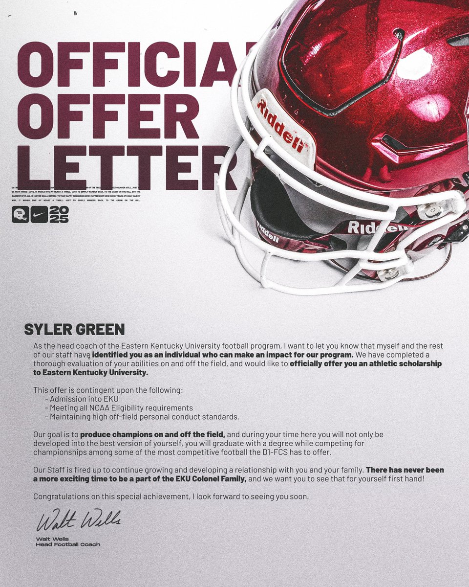 Syler Green (@sylergreen) on Twitter photo Blessed to receive my official offer from <a href="/EKUFootball/">EKU Football</a>! Thank you for the opportunity! #E2W #MatterOfPride
<a href="/EKUWWells/">Walt Wells</a> <a href="/jaxegan_eku/">Jax Egan</a> <a href="/CoachRav/">Eric Ravellette</a> <a href="/CoachDerekDay/">Derek Day</a> <a href="/RhinoJack9956/">Ryan Jackson</a> <a href="/BielBryce/">Bryce Biel</a> <a href="/Dynasty_Oline/">Dynasty O-line</a> <a href="/CoachByrd84/">Coach Byrd CSCS</a> <a href="/TheStone64/">James Stone</a> <a href="/wcsIHSfootball/">Independence Football</a> <a href="/CSmithScout/">Chris Smith</a> <a href="/615Preps/">615 Preps</a> <a href="/Tpalmateer83/">Tyler Palmateer</a> Blessed to receive my official offer from <a href="/EKUFootball/">EKU Football</a>! Thank you for the opportunity! #E2W #MatterOfPride
<a href="/EKUWWells/">Walt Wells</a> <a href="/jaxegan_eku/">Jax Egan</a> <a href="/CoachRav/">Eric Ravellette</a> <a href="/CoachDerekDay/">Derek Day</a> <a href="/RhinoJack9956/">Ryan Jackson</a> <a href="/BielBryce/">Bryce Biel</a> <a href="/Dynasty_Oline/">Dynasty O-line</a> <a href="/CoachByrd84/">Coach Byrd CSCS</a> <a href="/TheStone64/">James Stone</a> <a href="/wcsIHSfootball/">Independence Football</a> <a href="/CSmithScout/">Chris Smith</a> <a href="/615Preps/">615 Preps</a> <a href="/Tpalmateer83/">Tyler Palmateer</a>
