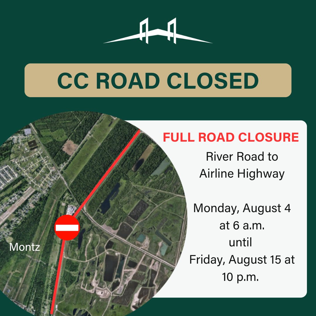 Beginning Monday, both lanes of CC Road in Montz will be closed for construction at Montz No. 1 Pump Station. The closure will remain in effect until Friday, August 15.

MORE: bit.ly/40OvHlf