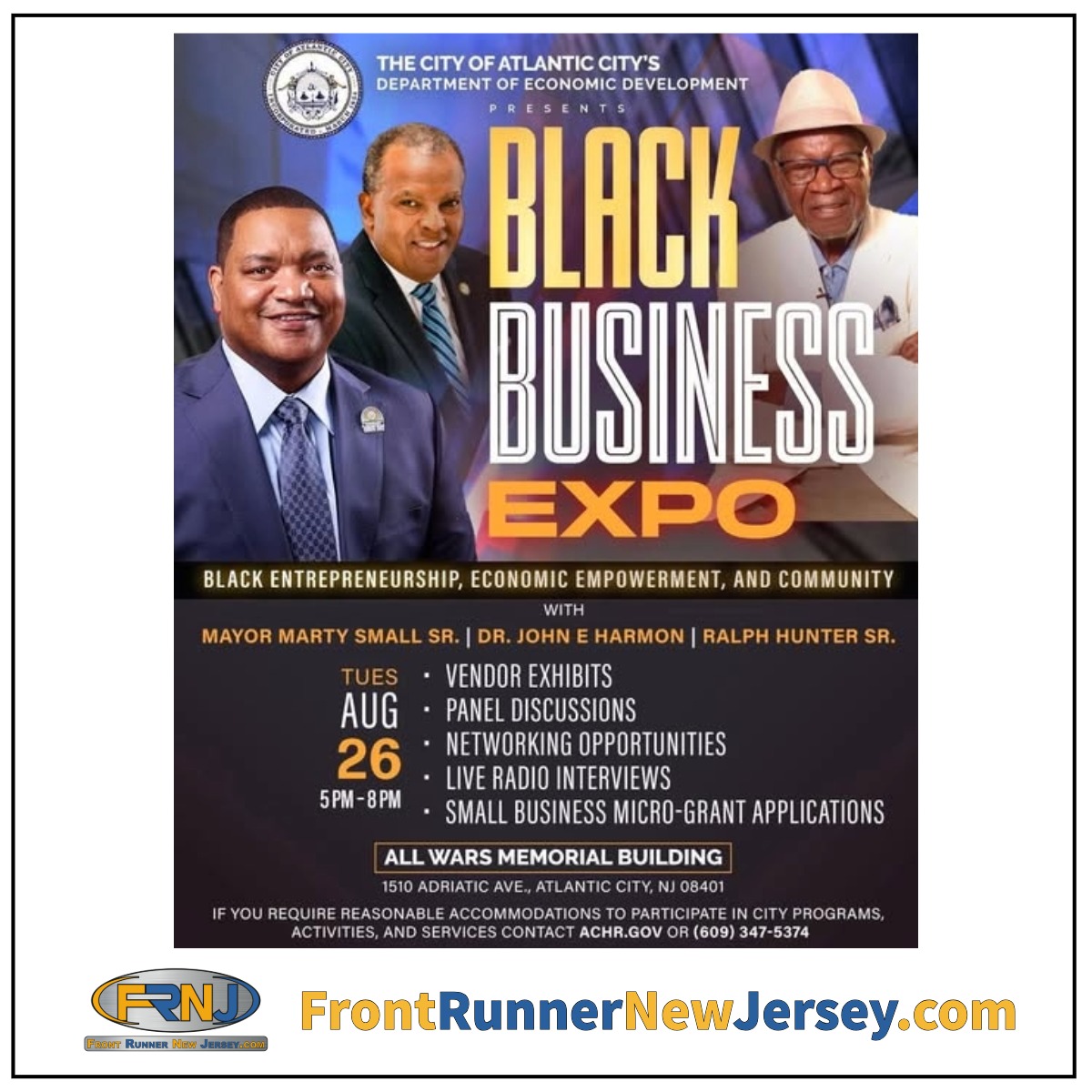 FrontRunnerNewJersey (@frontjersey) on Twitter photo ATLANTIC CITY – The City of Atlantic City’s Economic Development announced on Wednesday that it will present a Black Business Expo at the All Wars Memorial Building, 1510 Adriatic Avenue from 5-8 p.m. on Aug. 26.
frontrunnernewjersey.com/2025/07/31/atl…
✍ <a href="/clydehughes/">clydehughes</a> | AC JosepH Media ATLANTIC CITY – The City of Atlantic City’s Economic Development announced on Wednesday that it will present a Black Business Expo at the All Wars Memorial Building, 1510 Adriatic Avenue from 5-8 p.m. on Aug. 26.
frontrunnernewjersey.com/2025/07/31/atl…
✍ <a href="/clydehughes/">clydehughes</a> | AC JosepH Media
