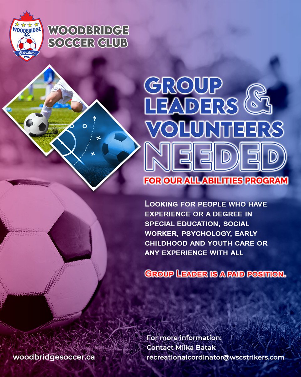 Woodbridge Soccer (@wscstrikers) on Twitter photo Woodbridge Soccer launches an "All Abilities Program" for those with special needs. This free initiative supports skill development and making friends in an inclusive soccer environment. Email Milka Batak for details:
recreationalcordinator@wscstrikers.com. #InclusiveSoccer Woodbridge Soccer launches an "All Abilities Program" for those with special needs. This free initiative supports skill development and making friends in an inclusive soccer environment. Email Milka Batak for details:
recreationalcordinator@wscstrikers.com. #InclusiveSoccer