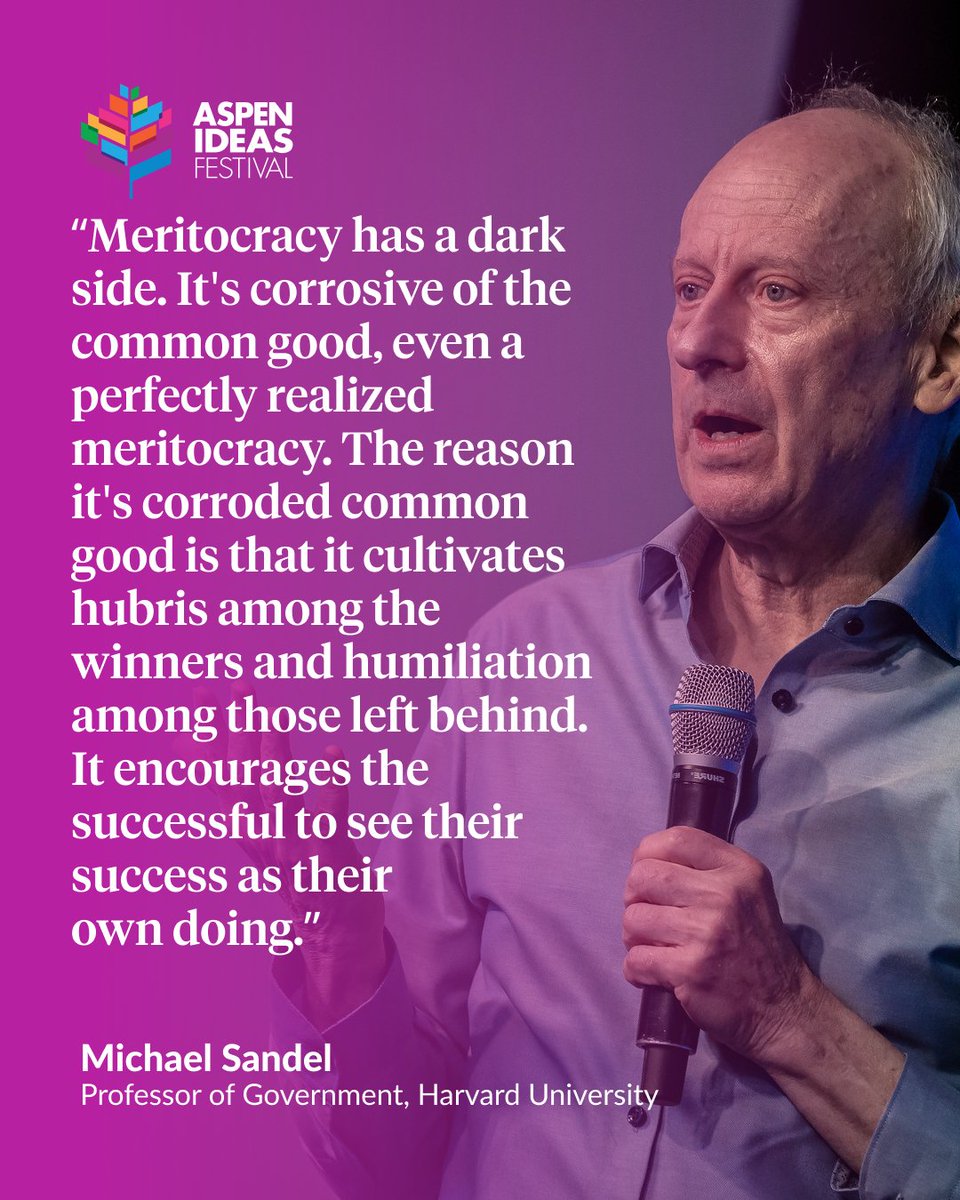 aspenideas's tweet image. Does the proverbial “level playing field” exist, and if so, is it a worthy aim?

Renowned political philosopher Michael Sandel (@JusticeHarvard) unpacks the “dark side” of meritocracy and its role in driving social division. 

#AspenIdeas