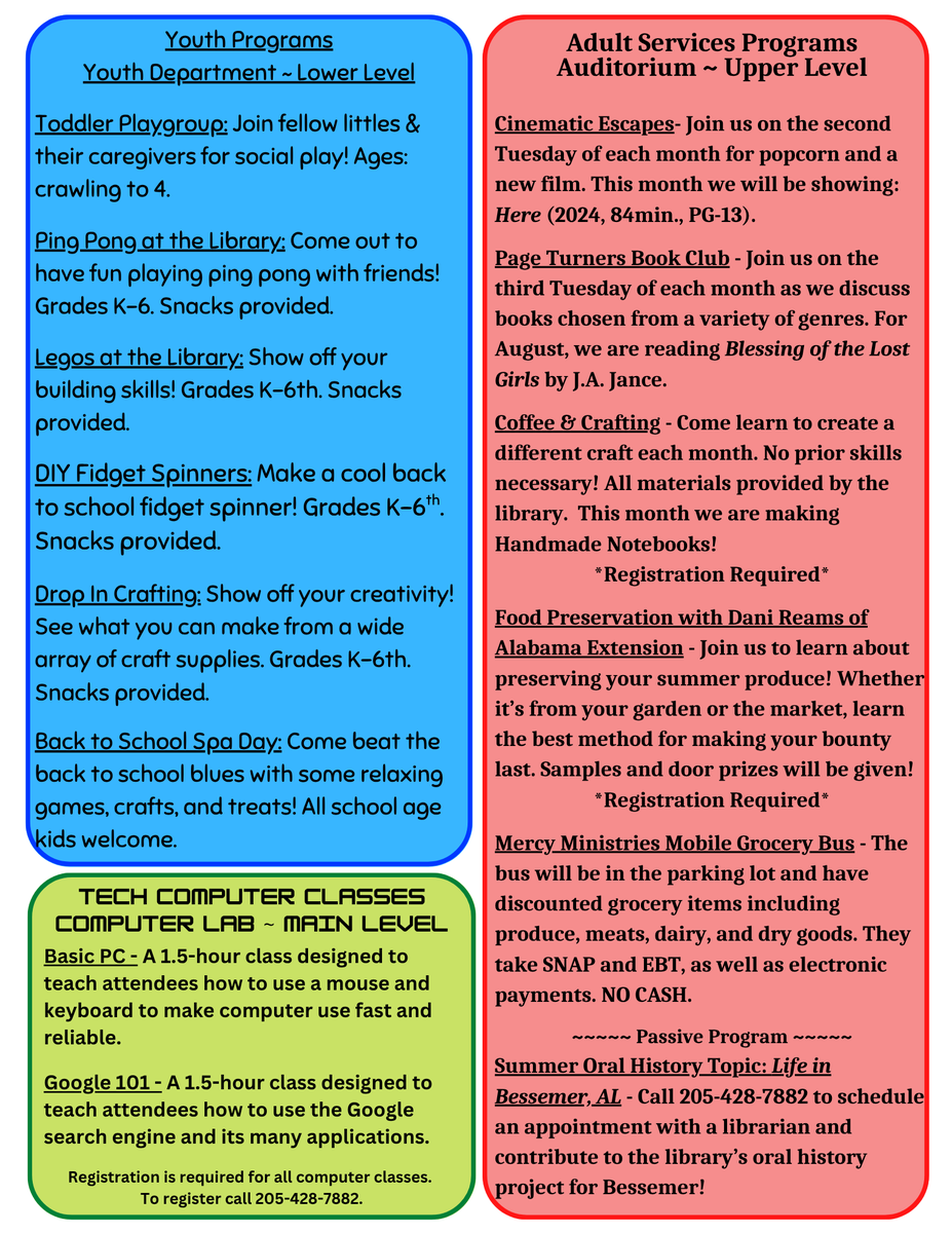 Bessemerlibrary's tweet photo. The new calendar of all the programs and events we have planned for August has arrived! Make sure you save a copy and call us for more information. Follow us across social media using #besslibrary to stay posted about what's going on at the Bessemer Public Library! https://t.co/YQuzCjWHKl