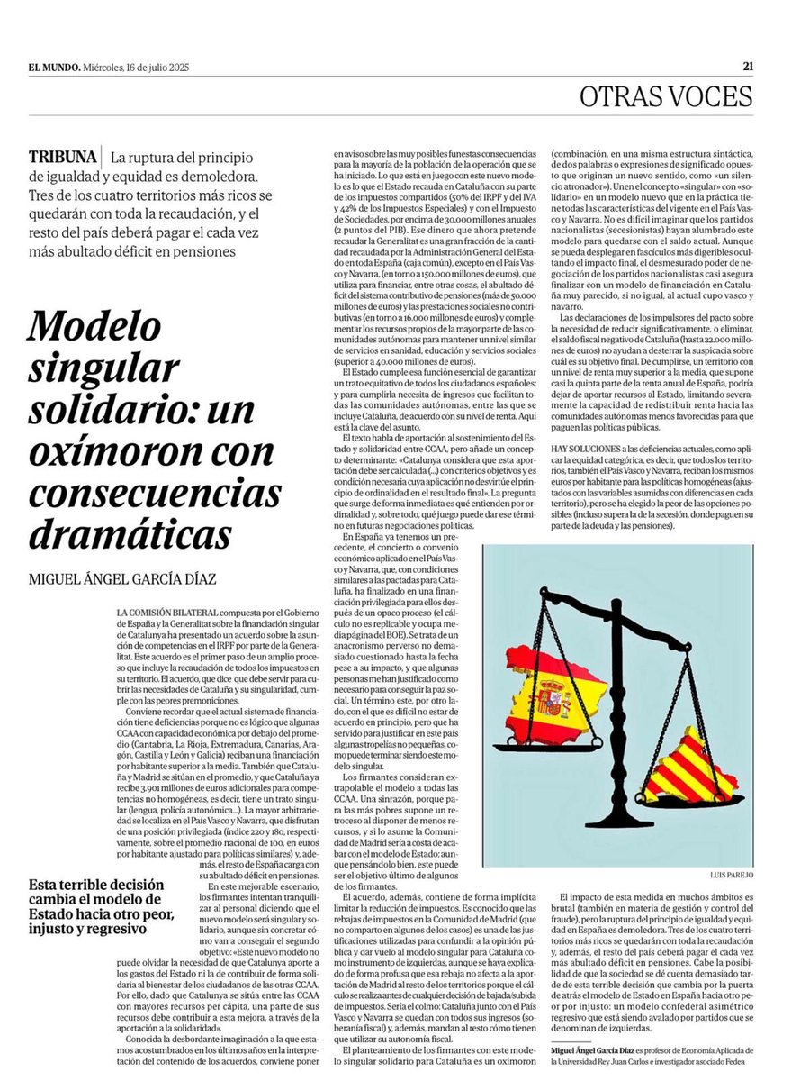 Fedea (@socialfedea) on Twitter photo 📰 Tribuna de <a href="/magarciadiaz/">Miguel Angel García</a> ✒️ Modelo singular solidario para #Cataluña, un oxímoron con consecuencias dramáticas para el resto de #España
🗣️ La ruptura del principio de igualdad y equidad en España es demoledora… 👇
elmundo.es/opinion/2025/0… 📰 Tribuna de <a href="/magarciadiaz/">Miguel Angel García</a> ✒️ Modelo singular solidario para #Cataluña, un oxímoron con consecuencias dramáticas para el resto de #España
🗣️ La ruptura del principio de igualdad y equidad en España es demoledora… 👇
elmundo.es/opinion/2025/0…