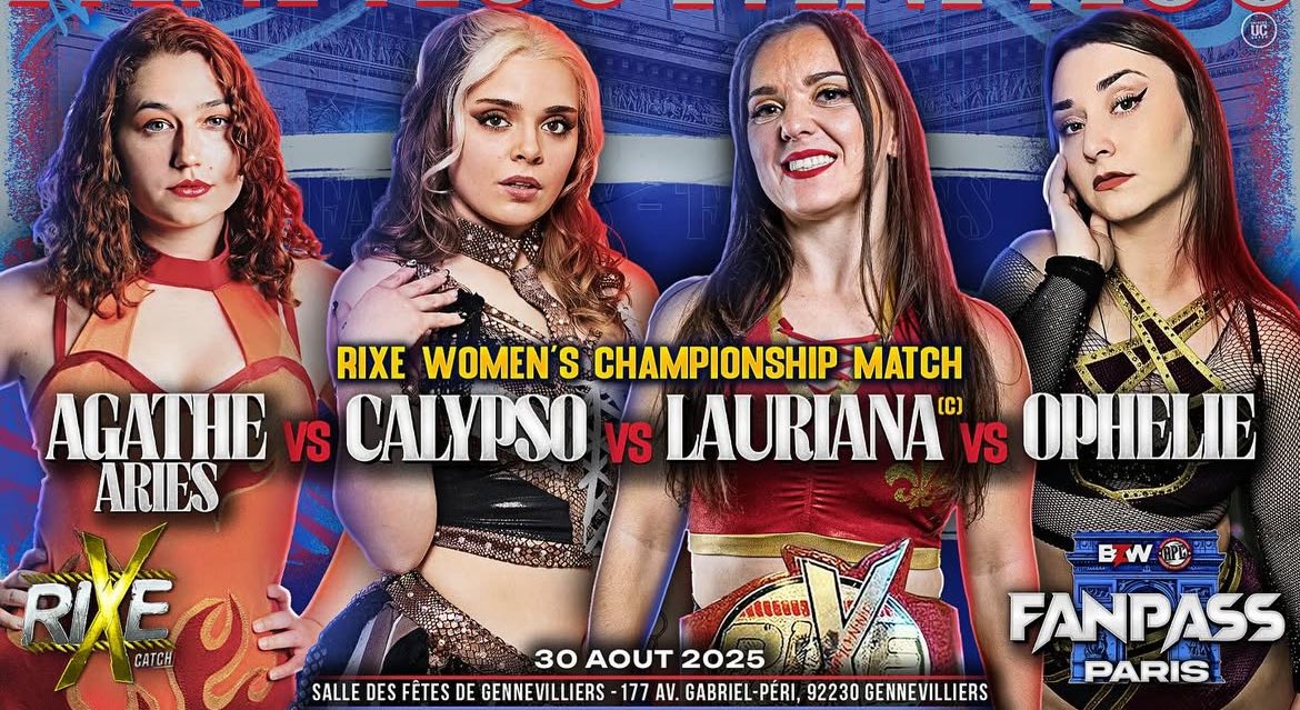 [News] La championne de la Rixe, Lauriana, défendra son championnat face à : Agathe Aries, Calypso &amp; Ophélie lors du fan pass de APC x BZW.

➡️ le fan pass aura lieu le 30 août à Gennevilliers (92).

<a href="/bzw_wrestling/">BZWrestling</a> / <a href="/APCcatch/">APC CATCH</a> / <a href="/rixecatch/">Rixe</a>