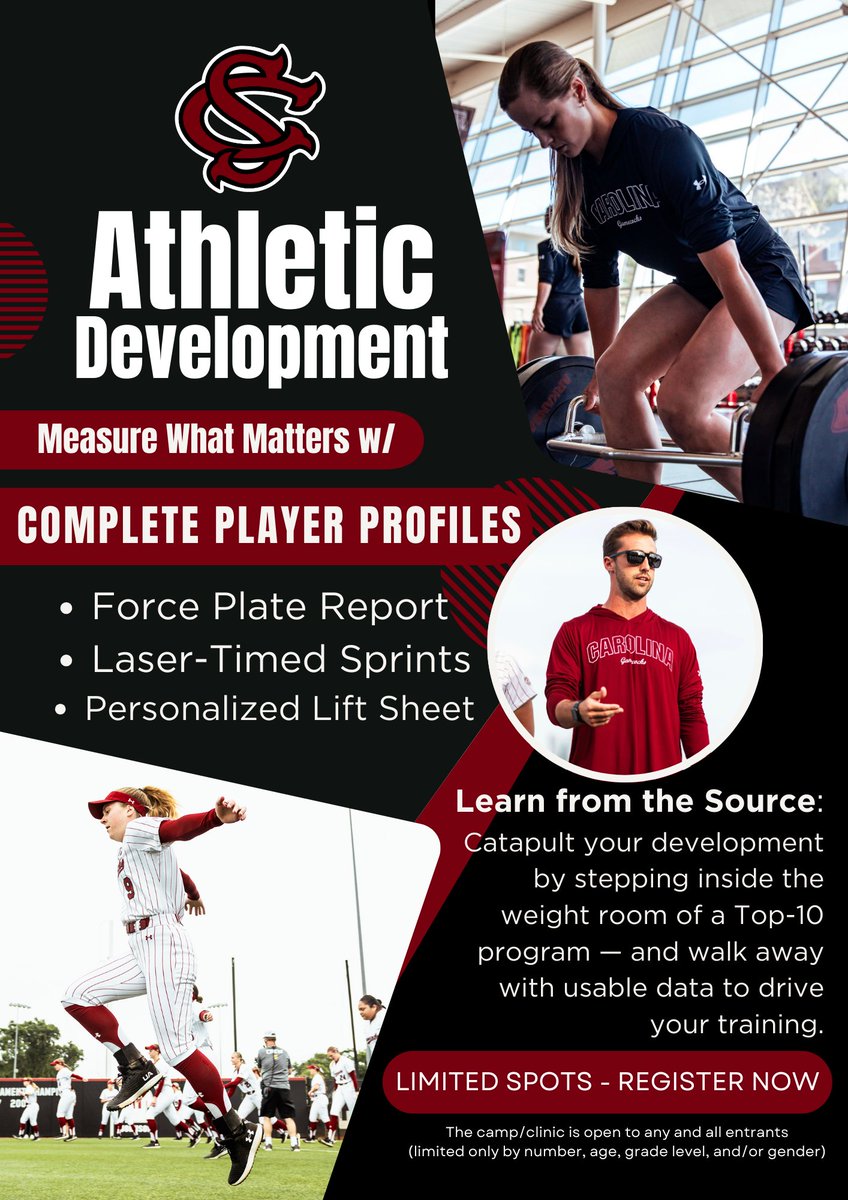 🔥Carolina Softball Athletic Development
📍Founders Park (Crews Weight Room)
🎓2026–2029 

📈Don't guess your way to the next level. Get real numbers &amp; elite coaching to guide your development.

💪Test like a Gamecock. Train like a recruit.

Register NOW
chastainsoftballcamps.com/carolina-softb…