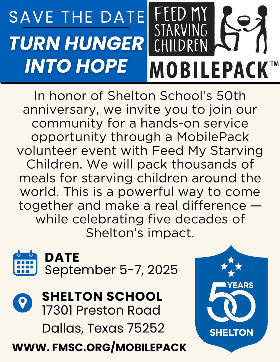 SheltonSchool's tweet image. In honor of Shelton’s 50th anniversary, students and staff will pack meals on Friday, Sept. 5. Parents, alumni and community members can volunteer Sept. 6–7.

📦 Sign up and learn more: ow.ly/pWbK50WyKoA

#FMSC #Shelton50Years #SheltonServes #SheltonGivesBack