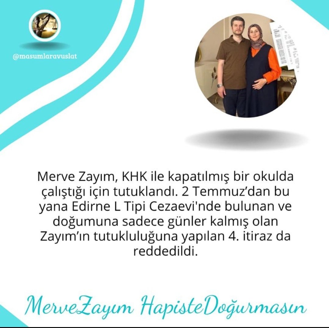 Anayasada 'hamile kadınlar tutuklanamaz' der.
İnsan Hakları Evrensel Beyannamesi 'işkenceye varan uygulamalar yasaktır' der.
Peki devlet ne yapar? Doğuma günler kalan Merve Zayım cezaevinde tutar.
<a href="/adalet_bakanlik/">T.C. Adalet Bakanlığı</a> 
<a href="/TBMMresmi/">TBMM</a> 
<a href="/AliYerlikaya/">Ali Yerlikaya</a> 
MerveZayım HapisteDoğurmasın