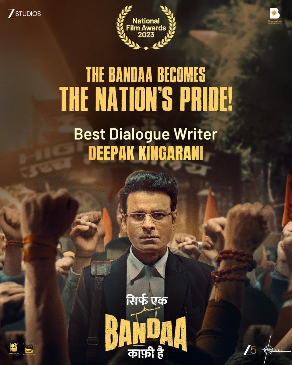 Zee Studios (@zeestudios_) on Twitter photo Lines that moved us, now recognised with pride. ❤️
Deepak Kingarani wins Best Dialogue Writer for #SirfEkBandaaKaafiHai at the 71st National Film Awards (2023)
<a href="/BajpayeeManoj/">manoj bajpayee</a> <a href="/apoorvkarki88/">Apoorv Singh Karki</a> <a href="/vinodbhanu/">Vinod Bhanushali</a> <a href="/Suparn/">Suparn S Varma</a> <a href="/BSL_Films/">Bhanushali Studios Limited</a> #KamleshBhanushali #VishalGurnani #JuhiParekhMehta Lines that moved us, now recognised with pride. ❤️
Deepak Kingarani wins Best Dialogue Writer for #SirfEkBandaaKaafiHai at the 71st National Film Awards (2023)
<a href="/BajpayeeManoj/">manoj bajpayee</a> <a href="/apoorvkarki88/">Apoorv Singh Karki</a> <a href="/vinodbhanu/">Vinod Bhanushali</a> <a href="/Suparn/">Suparn S Varma</a> <a href="/BSL_Films/">Bhanushali Studios Limited</a> #KamleshBhanushali #VishalGurnani #JuhiParekhMehta