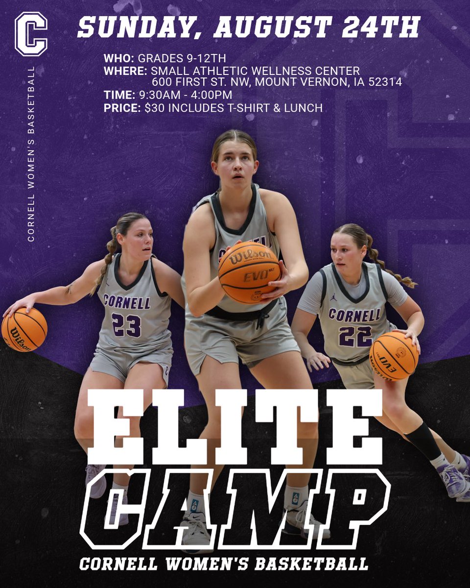 ✨ 𝑬𝑳𝑰𝑻𝑬 𝑪𝑨𝑴𝑷✨ 

Join us for our camp on August 24, 2025! Our Elite Camp is designed to provide in-depth insight on Cornell Women’s Basketball, Cornell College, and the recruiting process while also providing a high level basketball skills clinic experience.

Register: