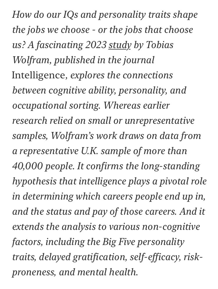 How Intelligence and Personality Shape Our Career Trajectories: A recent study reveals the occupations with the highest and lowest IQs and Big Five scores.

[Link below.]