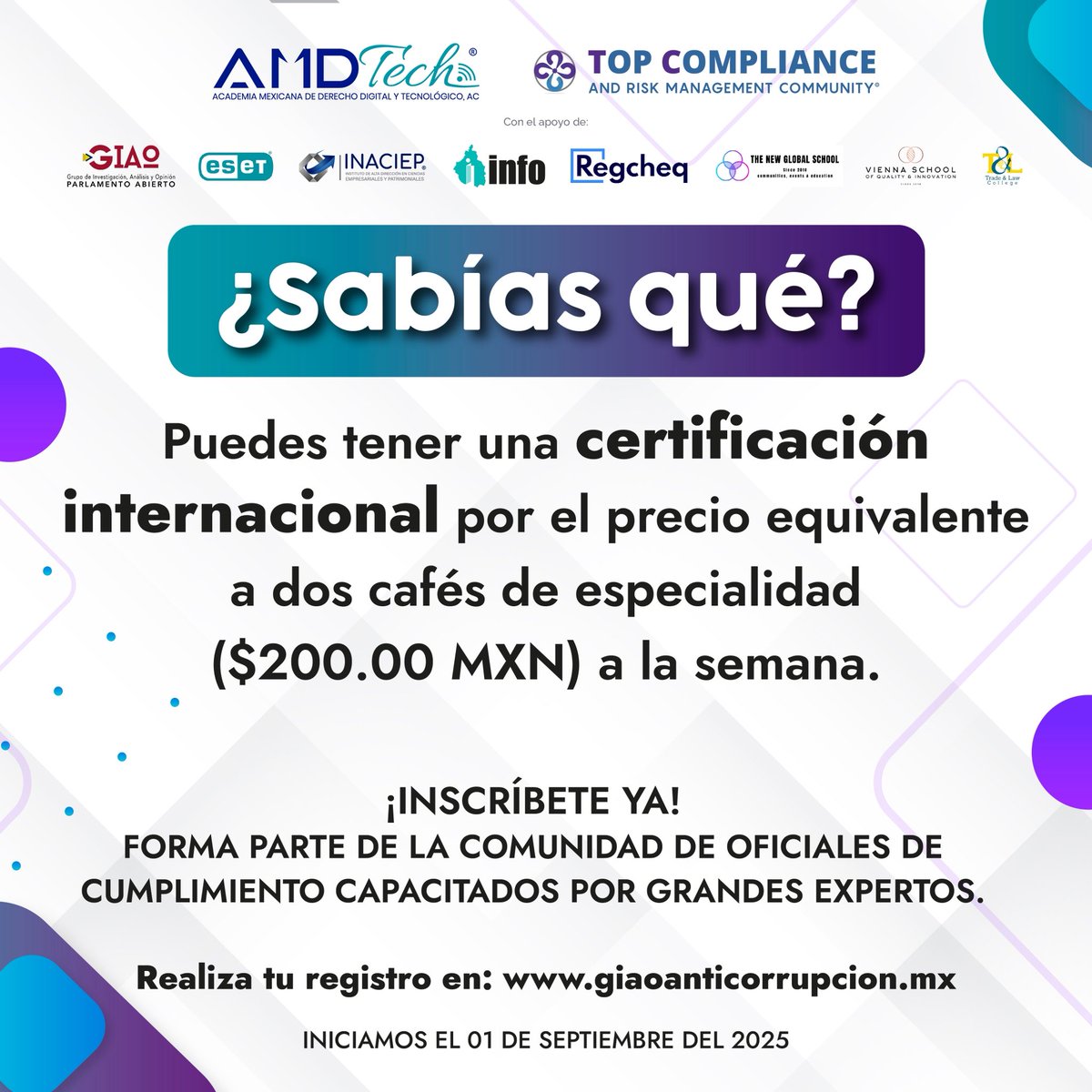 ☕ Por menos de lo que gastarías en dos cafés de especialidad a la semana, puedes dar un paso decisivo en tu desarrollo profesional y obtener una certificación reconocida por diversas instancias al finalizar el diplomado.

🔗 Inscríbete hoy: giaoanticorrupcion.mx/eventos/#event…