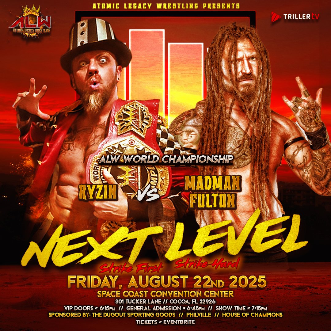 Atomic Legacy Wrestling (@wrestlingatomic) on Twitter photo πͺ MATCH ANNOUNCEMENT π₯
ALW <a href="/WrestlingAtomic/">Atomic Legacy Wrestling</a> is excited to announce this HUGE Match for Fri 8/22 in Cocoa Florida!
ALW World Championship:
<a href="/HAILRyzin/">RYZIN</a> (C) vs. <a href="/FultonWorld/">FULTON/DreadKNOT</a>
Get your π NOW at the link below:
eventbrite.com/e/alw-strike-fβ¦ πͺ MATCH ANNOUNCEMENT π₯
ALW <a href="/WrestlingAtomic/">Atomic Legacy Wrestling</a> is excited to announce this HUGE Match for Fri 8/22 in Cocoa Florida!
ALW World Championship:
<a href="/HAILRyzin/">RYZIN</a> (C) vs. <a href="/FultonWorld/">FULTON/DreadKNOT</a>
Get your π NOW at the link below:
eventbrite.com/e/alw-strike-fβ¦