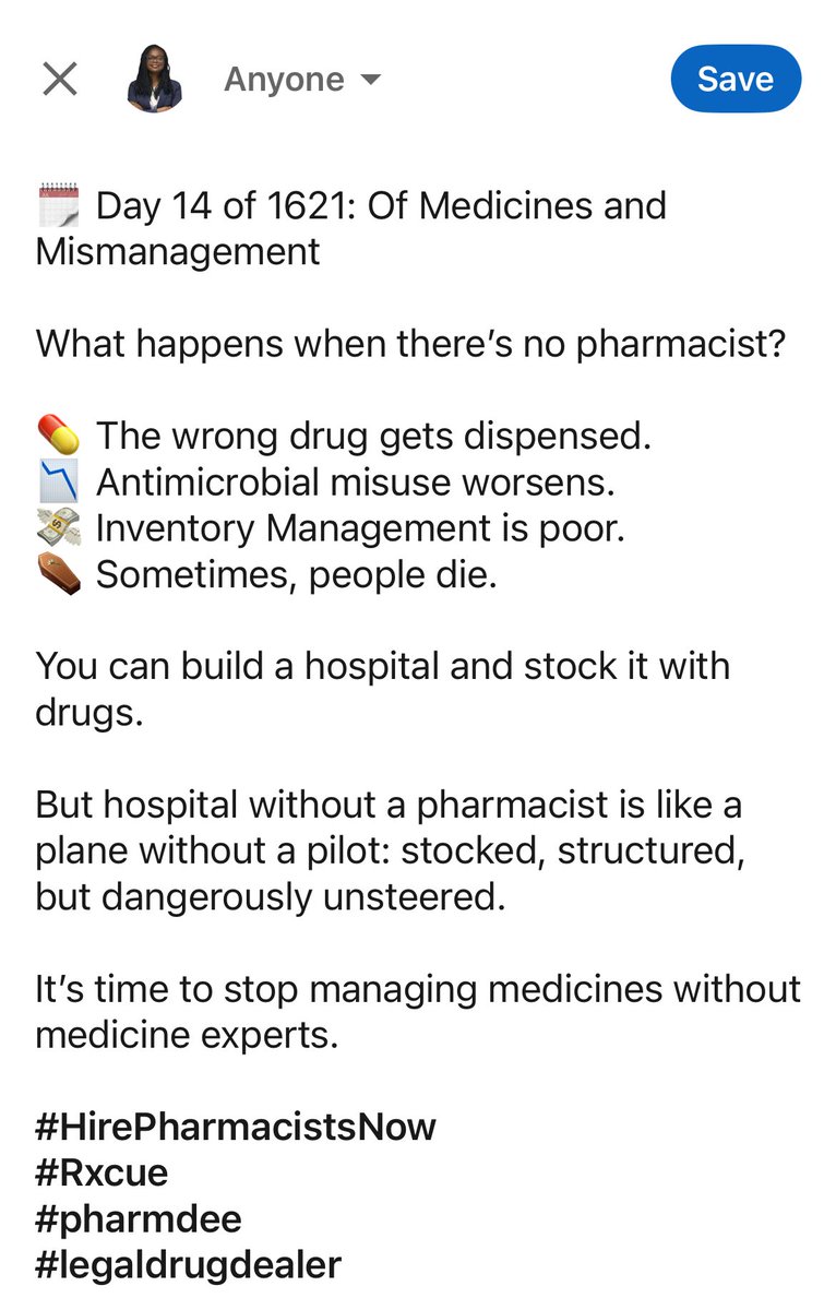 abledelalie's tweet image. 🗓️ Day 14 of 1621: Of Medicines and Mismanagement

A hospital without a pharmacist is like a plane without a pilot: stocked, structured, but dangerously unsteered.

Let’s stop managing medicines without medicine experts.

#HirePharmacistsNow
#Rxcue
#pharmdee
#legaldrugdealer