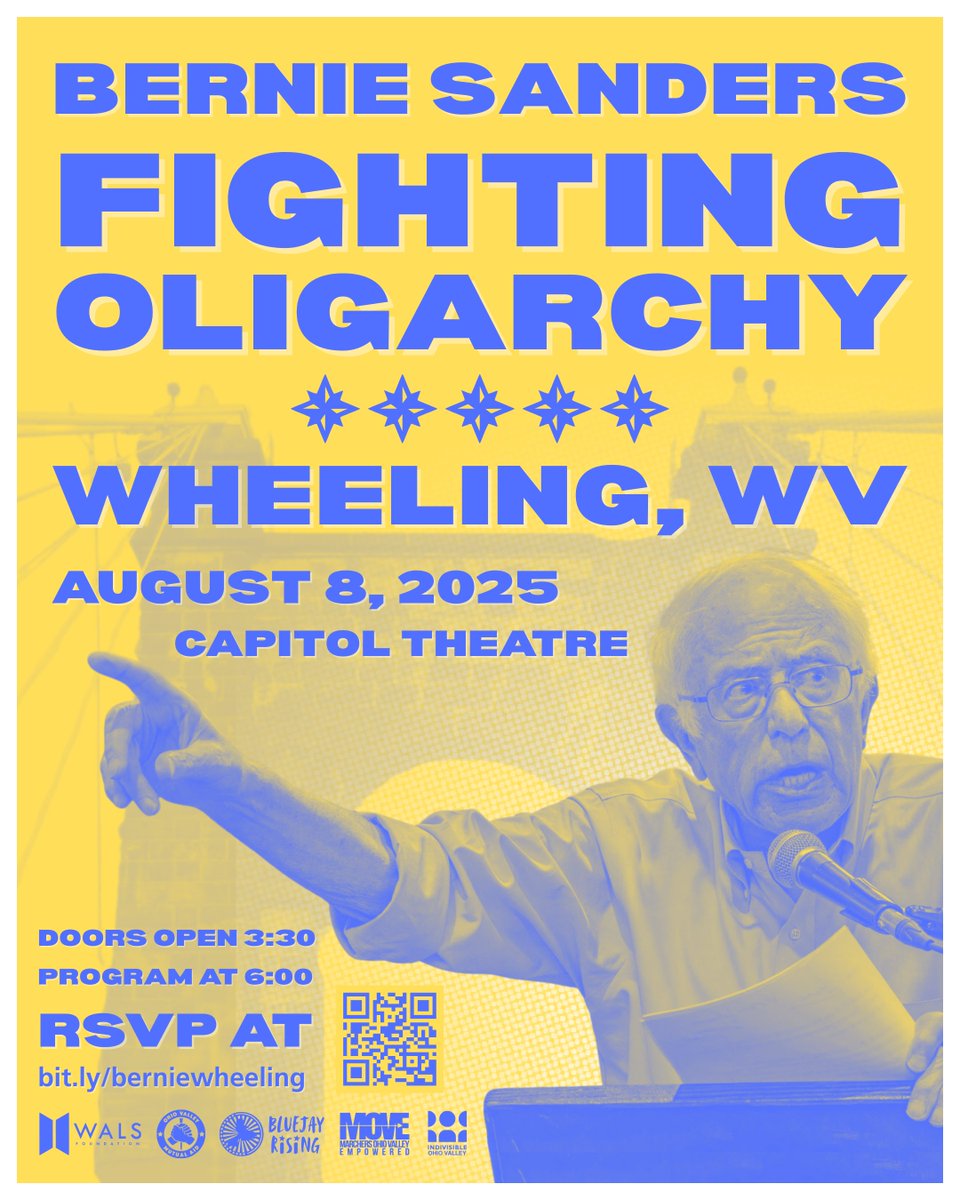 🐦Join Bernie’s Fighting Oligarchy tour in Wheeling on Friday, August 8th! 

Bernie and local leaders will speak about working class issues and how we can collectively take back working class power in West Virginia and the United States. 

RSVP here now: bit.ly/berniewheeling