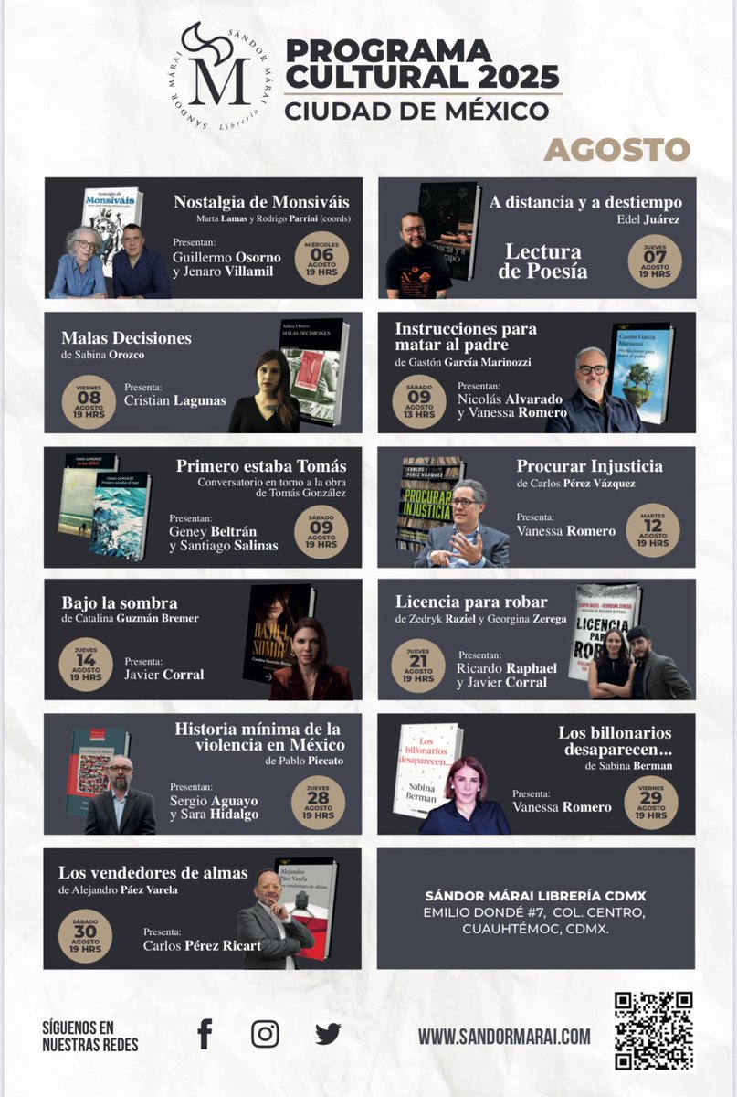 Suenan las trompetas para anunciar el programa cultural de agosto en <a href="/SandorMaraiCDMX/">Sándor Márai Librería CDMX</a> 🎺 

Si no estuviera prohibido prohibir, estaría prohibido faltar.