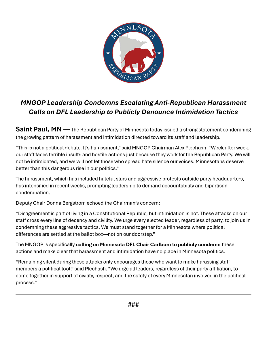Republican Party of Minnesota (@mngop) on Twitter photo The following statement has just been issued by Chairman Alex Plechash & Deputy Chair <a href="/donnabmn/">Donna Bergstrom</a> regarding harassment of <a href="/mngop/">Republican Party of Minnesota</a> staff & leadership. The following statement has just been issued by Chairman Alex Plechash & Deputy Chair <a href="/donnabmn/">Donna Bergstrom</a> regarding harassment of <a href="/mngop/">Republican Party of Minnesota</a> staff & leadership.