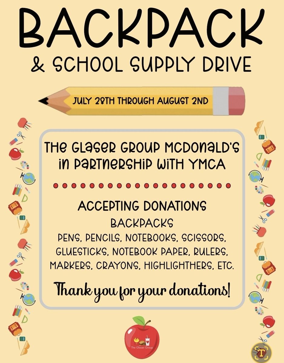 glasergroupmcds's tweet photo. Tomorrow is the big day, The Glaser Group McDonald's of Seven Meadows is hosting the most fun back to school event ever, benefitting the Katy-area YMCAs and our local community!
Backpacks 🎒 and general school supplies are welcome! ✏️ 

8/2/25, 11-2
7104 S. Fry Road
Katy, Tx
🍟 https://t.co/qCtubFcU4p