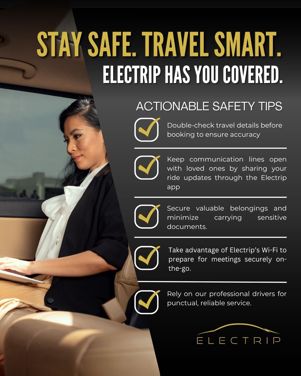 Your workday deserves smooth, stress-free travel. Electrip keeps you safe, so you can focus on staying productive and prepared during every trip.

Rely on our professional drivers and trusted service for your next business destination. Message us to book your ride today.